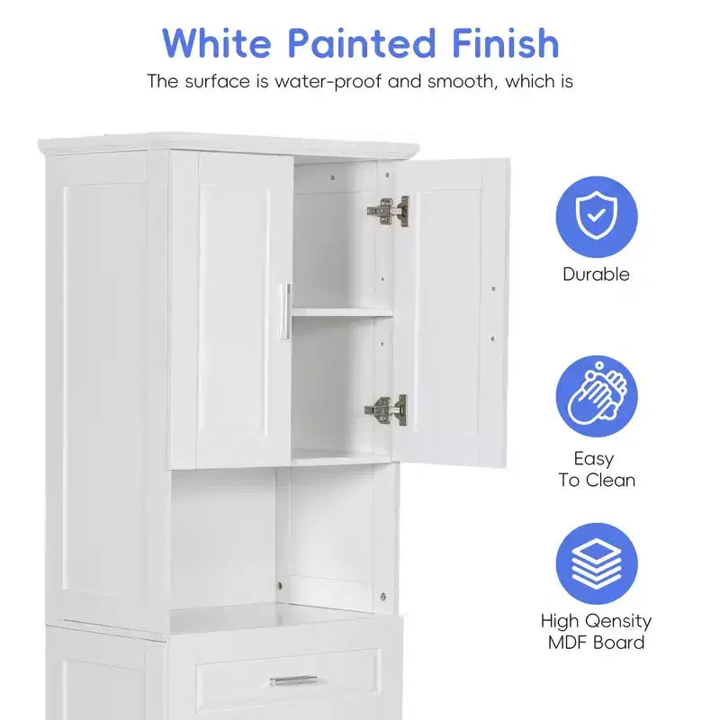 Meuble de rangement haut de salle de bain en bois moderne avec panier à linge basculant, armoire à double porte, étagères supérieures et tiroir