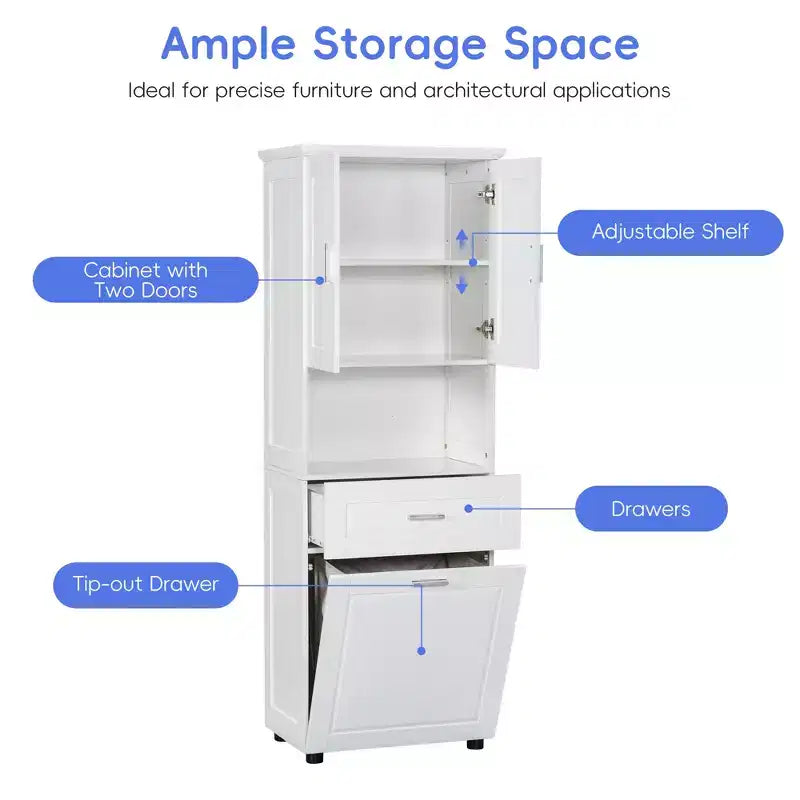 Meuble de rangement haut de salle de bain en bois moderne avec panier à linge basculant, armoire à double porte, étagères supérieures et tiroir