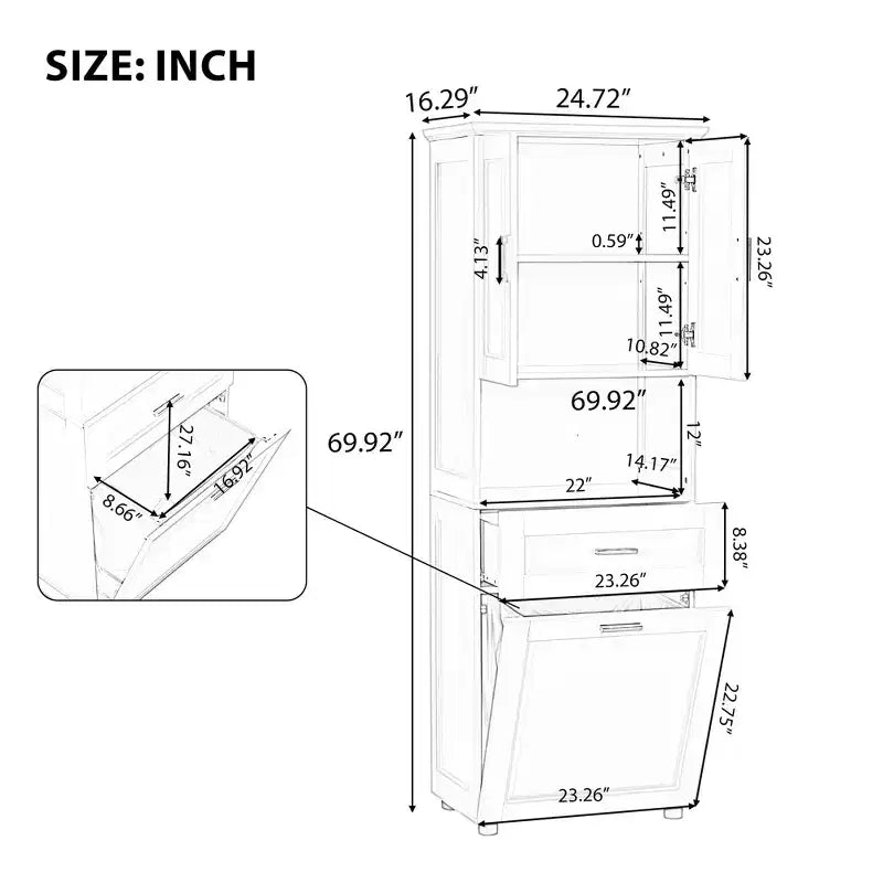 Meuble de rangement haut de salle de bain en bois moderne avec panier à linge basculant, armoire à double porte, étagères supérieures et tiroir