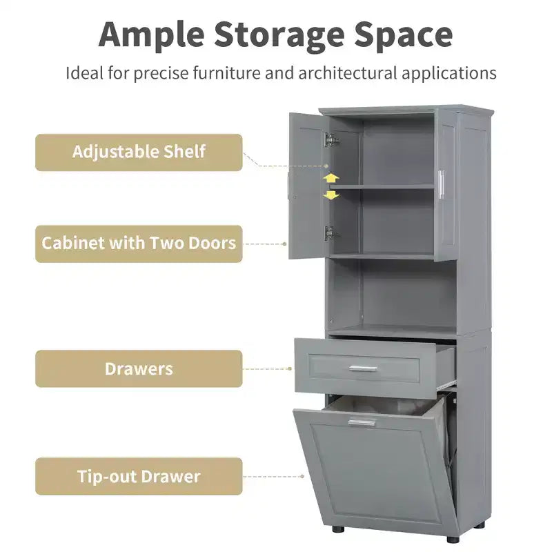 Meuble de rangement haut de salle de bain en bois moderne avec panier à linge basculant, armoire à double porte, étagères supérieures et tiroir