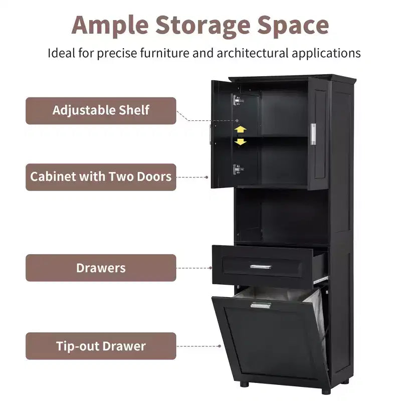 Meuble de rangement haut de salle de bain en bois moderne avec panier à linge basculant, armoire à double porte, étagères supérieures et tiroir