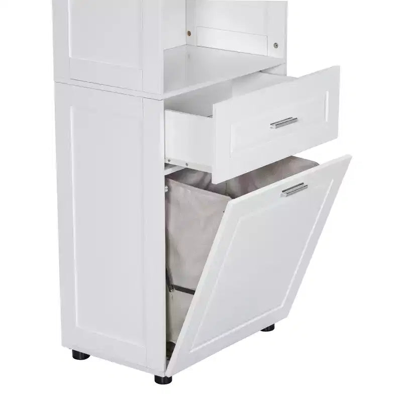 Meuble de rangement haut de salle de bain en bois moderne avec panier à linge basculant, armoire à double porte, étagères supérieures et tiroir