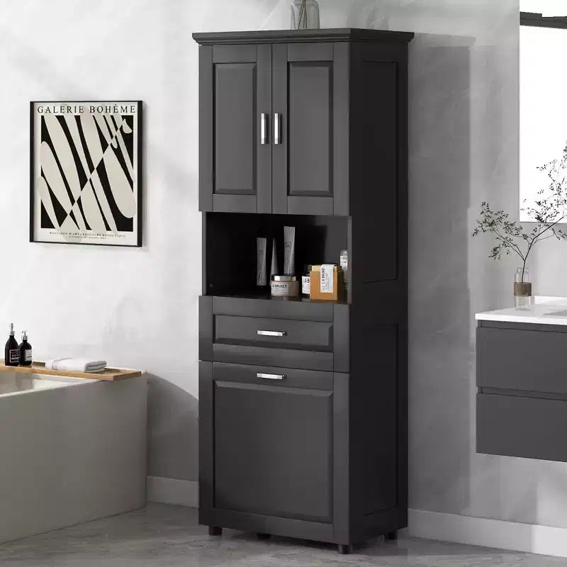 GDFStudio Nolan Modern Wood Tall Bathroom Storage Cabinet with Tilt-Out Laundry Hamper, Double-Door Cabinet, Upper Shelves and Drawer