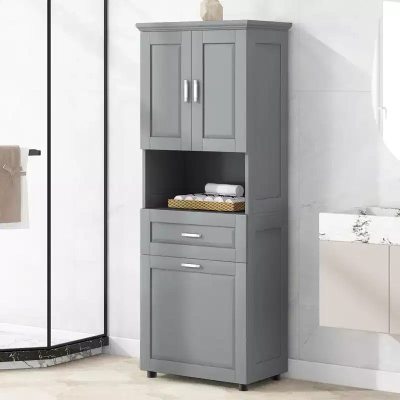 Meuble de rangement haut de salle de bain en bois moderne avec panier à linge basculant, armoire à double porte, étagères supérieures et tiroir