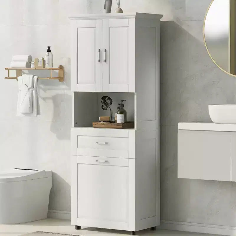 Meuble de rangement haut de salle de bain en bois moderne avec panier à linge basculant, armoire à double porte, étagères supérieures et tiroir