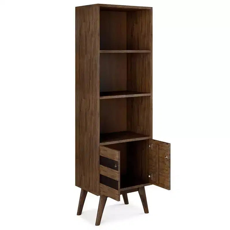 Bibliothèque de rangement rustique marron vieilli naturel : Milieu de siècle, 2 portes, 4 étagères