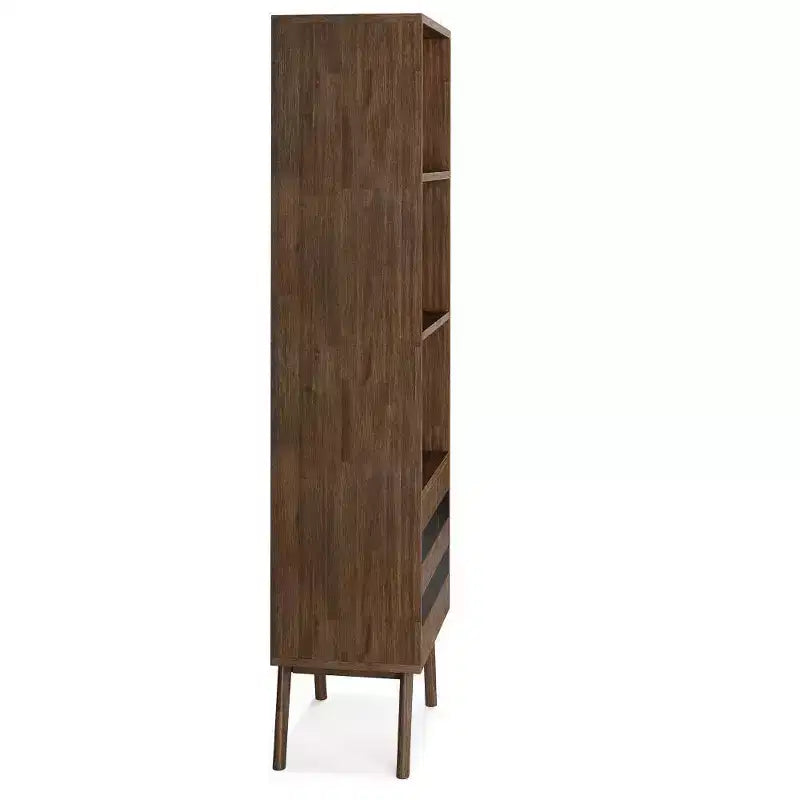 Bibliothèque de rangement rustique marron vieilli naturel : Milieu de siècle, 2 portes, 4 étagères