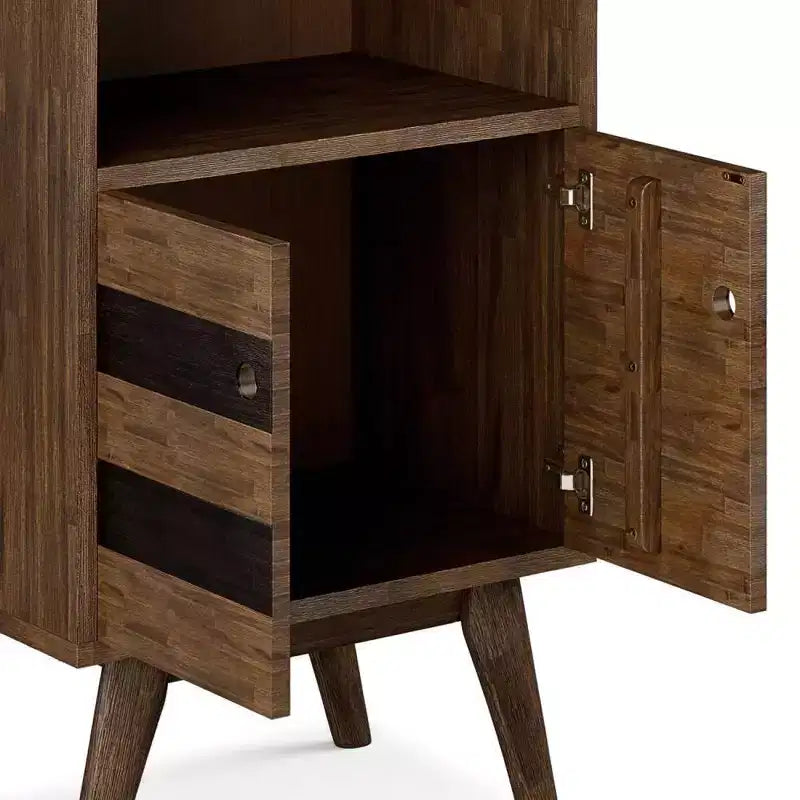 Bibliothèque de rangement rustique marron vieilli naturel : Milieu de siècle, 2 portes, 4 étagères