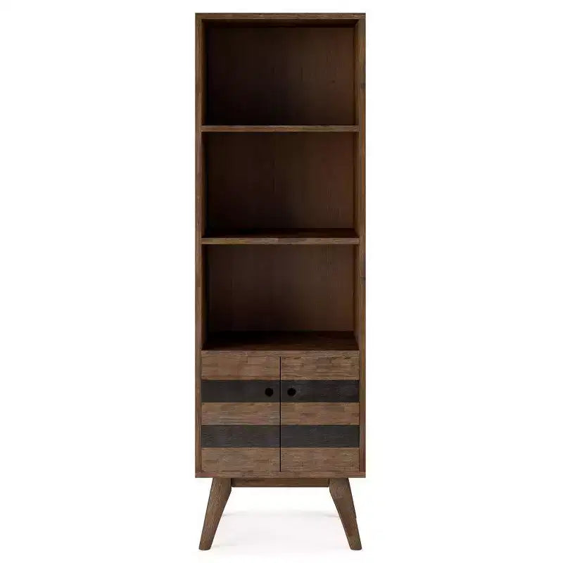 Bibliothèque de rangement rustique marron vieilli naturel : Milieu de siècle, 2 portes, 4 étagères