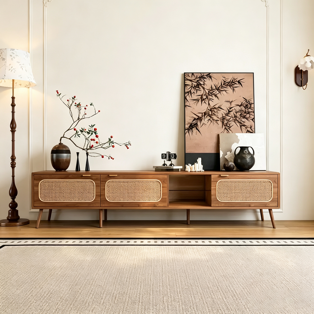 Meuble TV Mid-Century avec portes pour TV 85 pouces, Meuble de rangement TV en bois avec pieds en bois massif pour salon, Noyer
