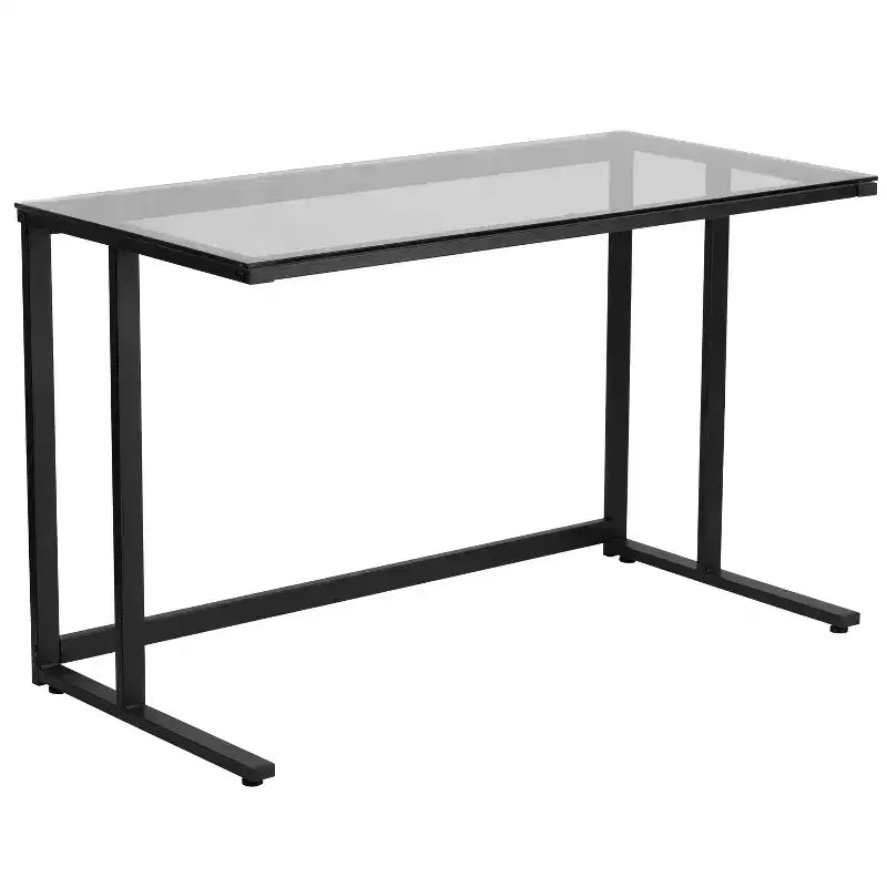 Emma and Oliver Glass Desk with Black Pedestal Metal Frame