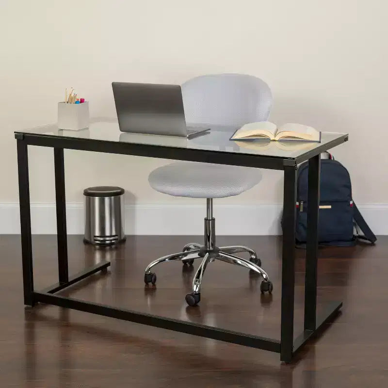 Bureau en verre avec piédestal métallique noir