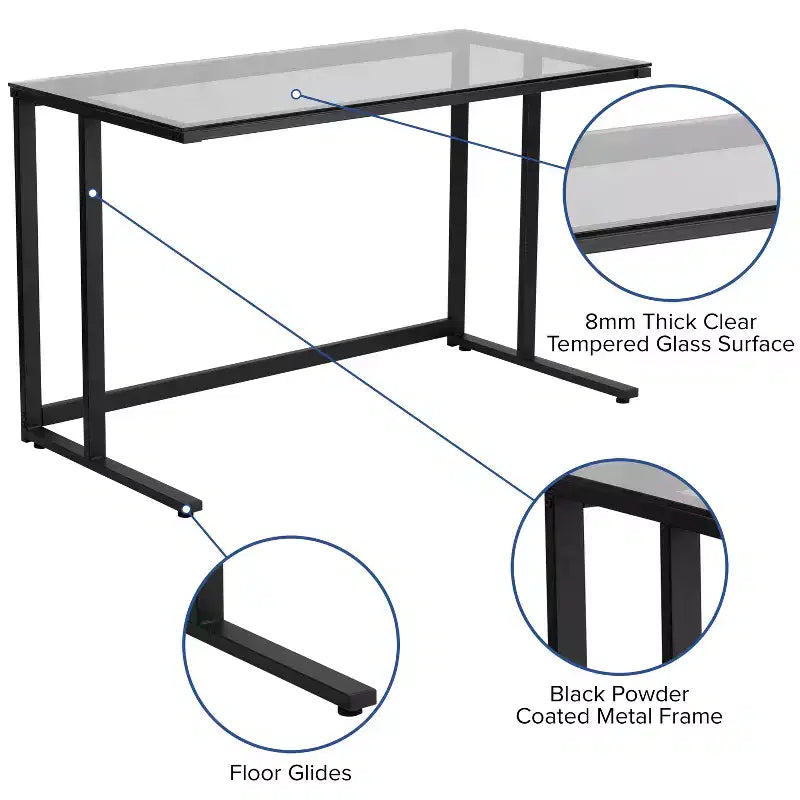 Bureau en verre avec piédestal métallique noir