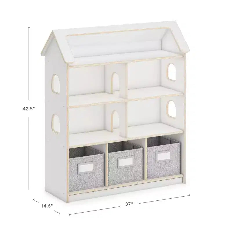 Étagère Bibliothèque Maison de Poupées : Meuble en bois pour le jeu d'imitation des enfants, pour salle de jeux et salle de classe, avec bacs pour jouets et poupées