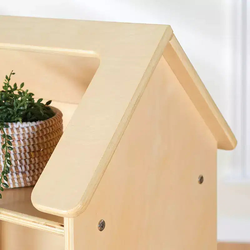 Étagère Bibliothèque Maison de Poupées : Meuble en bois pour le jeu d'imitation des enfants, pour salle de jeux et salle de classe, avec bacs pour jouets et poupées