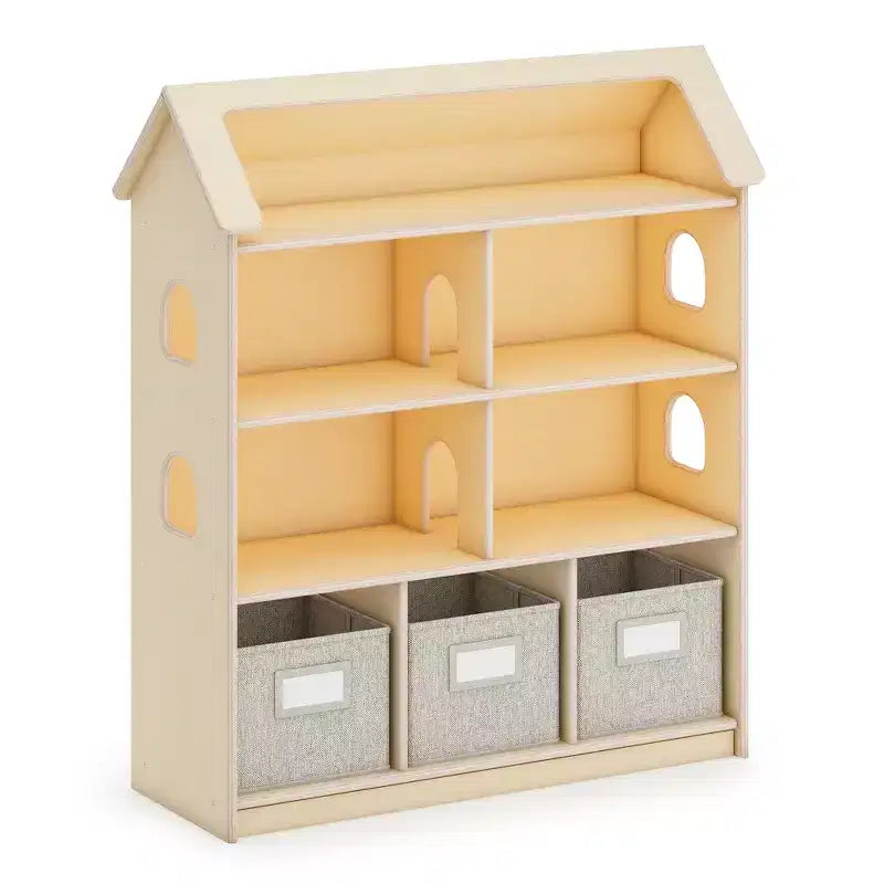 Étagère Bibliothèque Maison de Poupées : Meuble en bois pour le jeu d'imitation des enfants, pour salle de jeux et salle de classe, avec bacs pour jouets et poupées