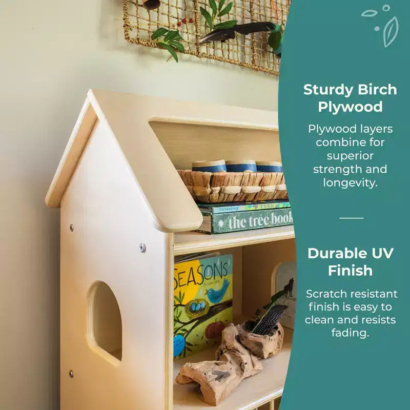 Étagère Bibliothèque Maison de Poupées : Meuble en bois pour le jeu d'imitation des enfants, pour salle de jeux et salle de classe, avec bacs pour jouets et poupées