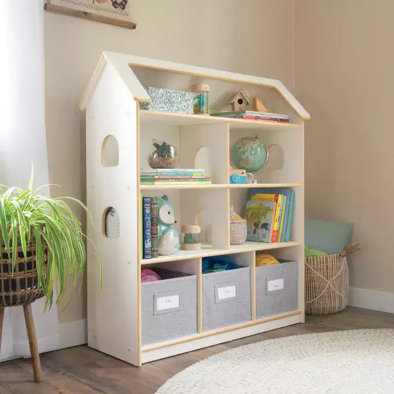 Étagère Bibliothèque Maison de Poupées : Meuble en bois pour le jeu d'imitation des enfants, pour salle de jeux et salle de classe, avec bacs pour jouets et poupées