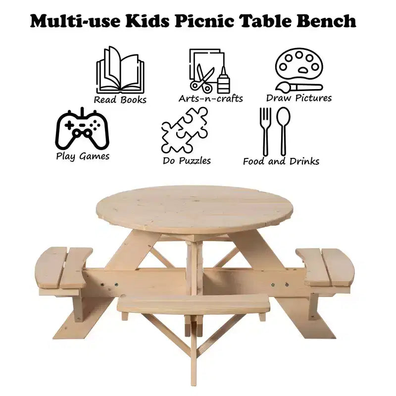 Table de pique-nique ronde en bois Gardenised pour enfants, Banc de table d'extérieur pour enfants, Table de patio pour activités créatives, repas et jeux