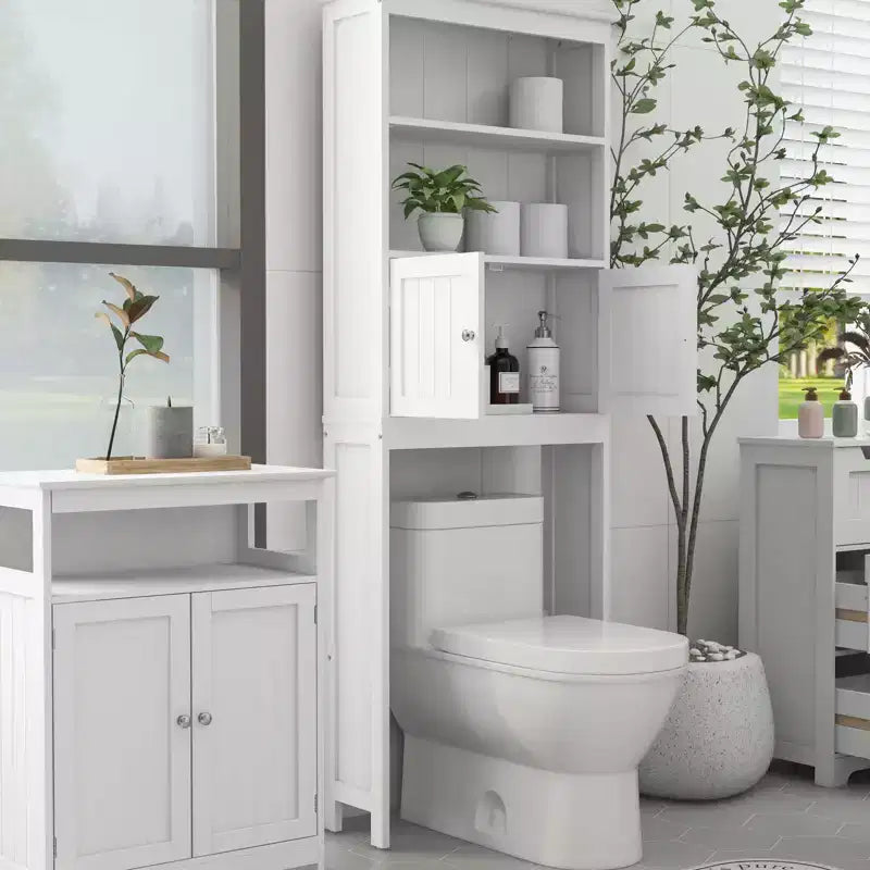 Meuble de rangement de salle de bain autoportant avec étagères au-dessus des toilettes, blanc