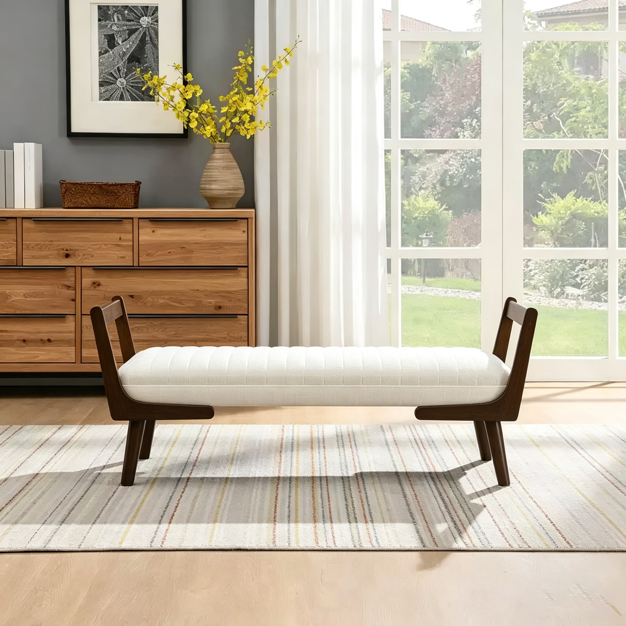Banc moderne, banc de rangement capitonné à canal avec pieds en bois de noyer, tabouret repose-pieds en similicuir pour salon, chambre à coucher, entrée